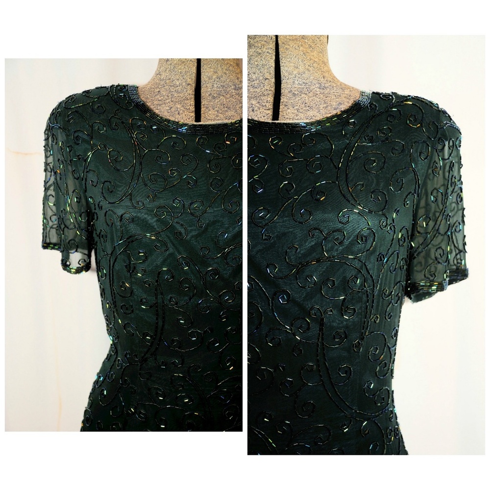 VTG 80s AJ Bari Beaded Dark Green Sheath Dress XS - Picture 5 of 8